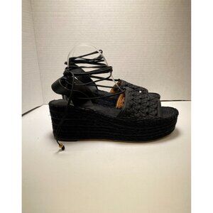 Tory Burch Women's Weave Strappy Lace up Black Espadrille Wedge Sz 11